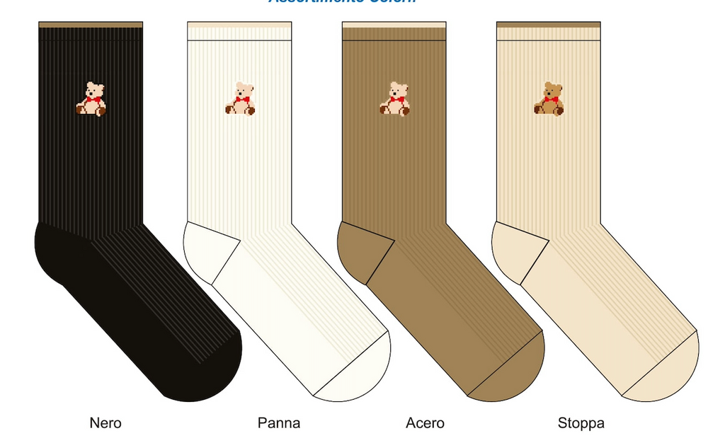 Four pairs of socks in different colors with teddy bear designs on a white background.