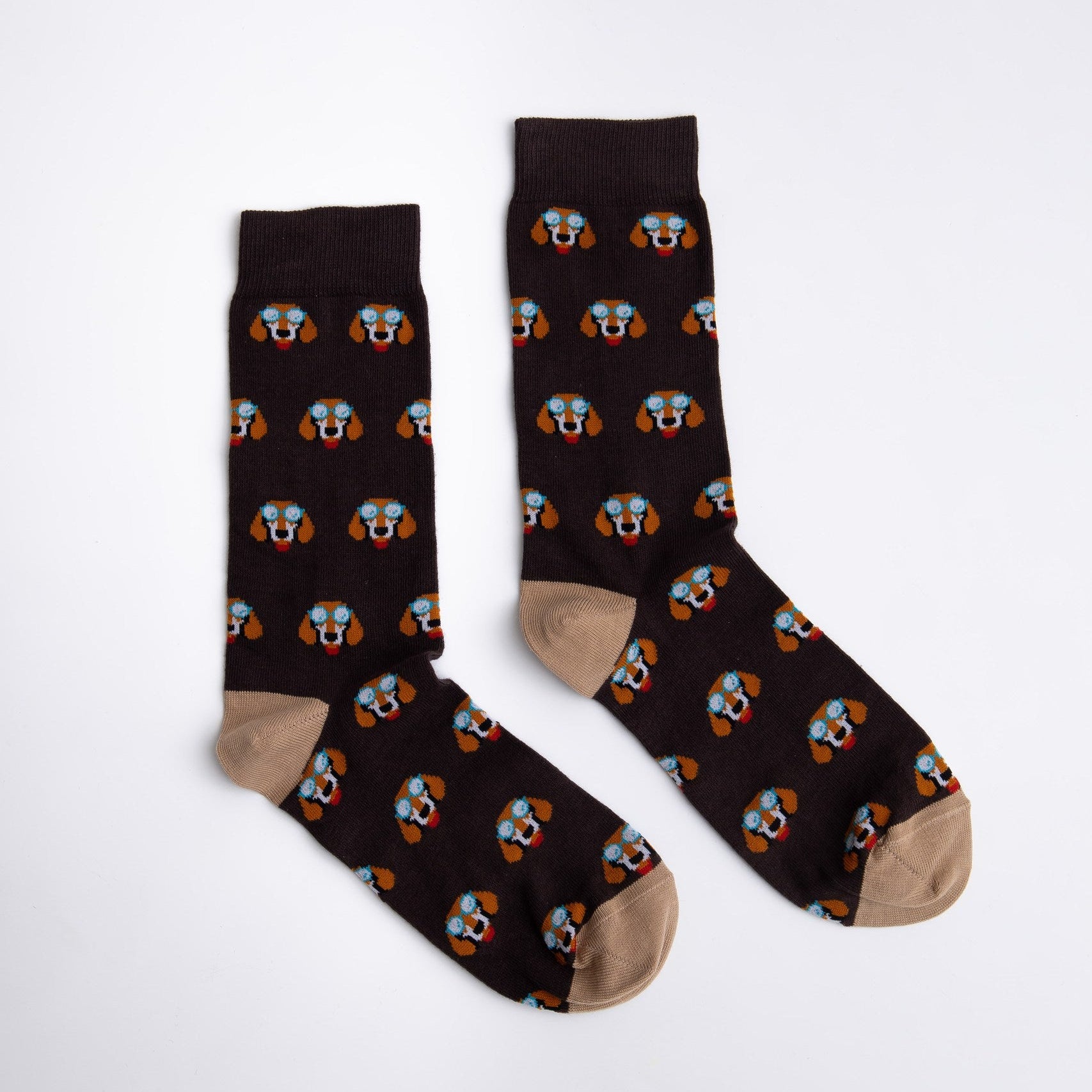 Brown socks with dog pattern on a white background