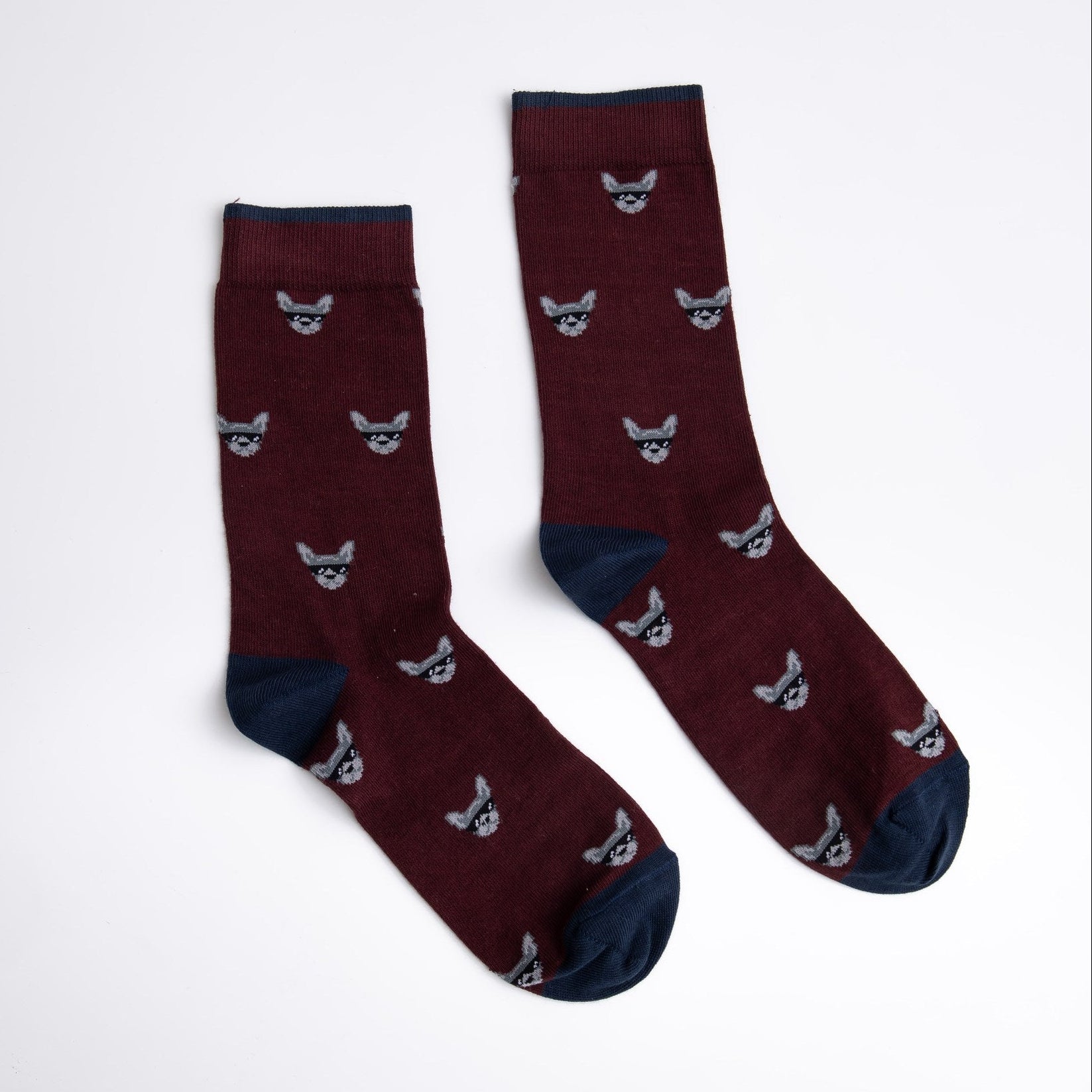 Pair of maroon socks with bird pattern on a white background