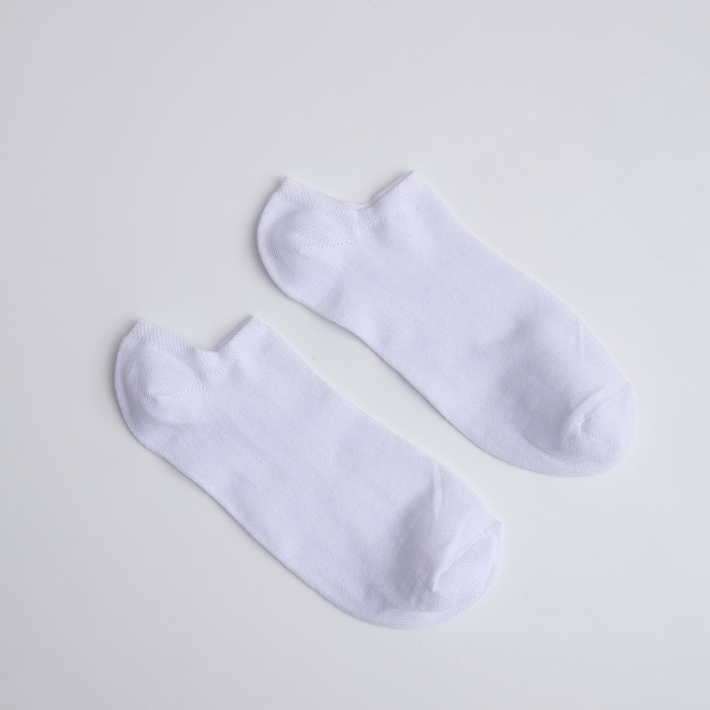 Two white ankle socks on a light gray background

