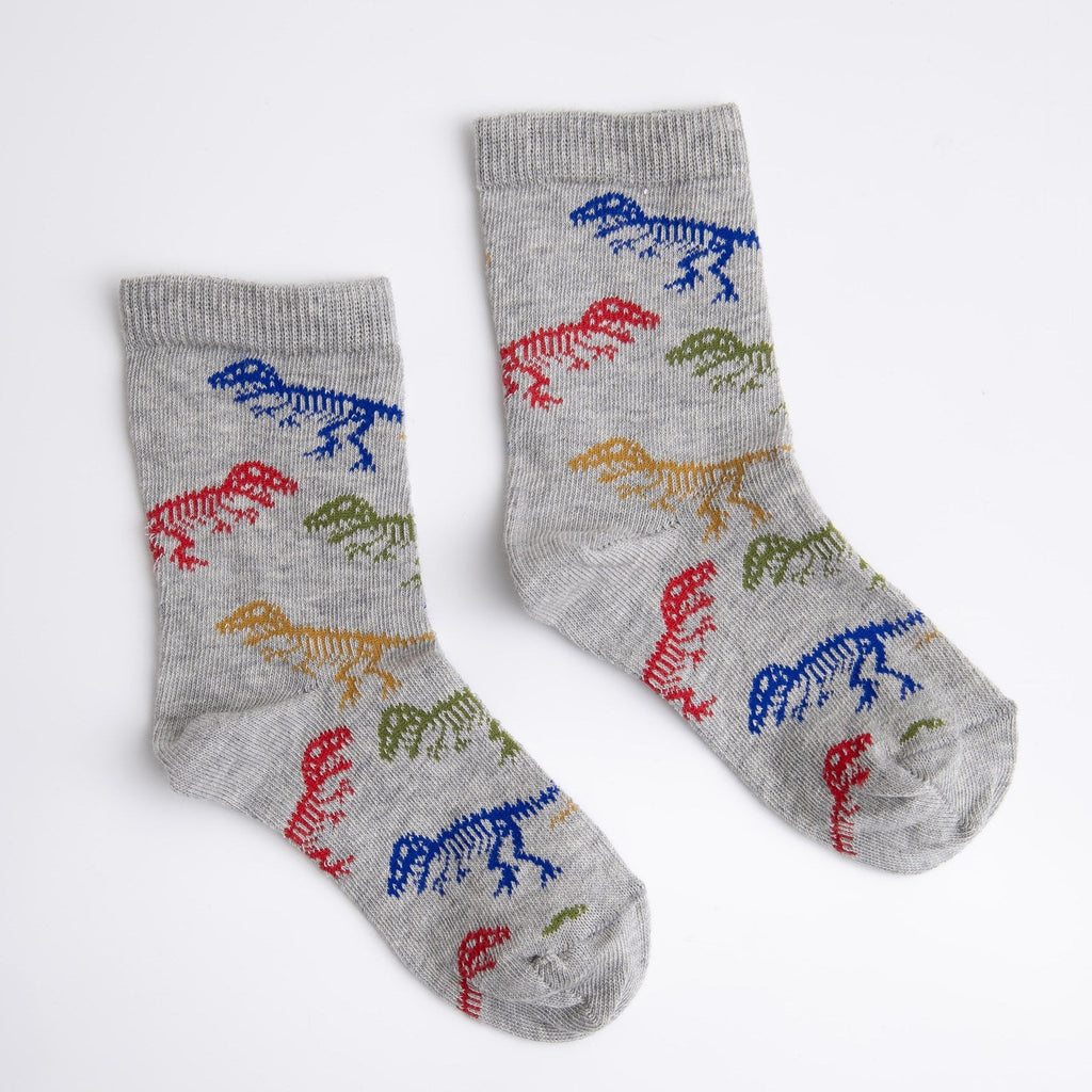 Gray socks with colorful dinosaur patterns on a white background

