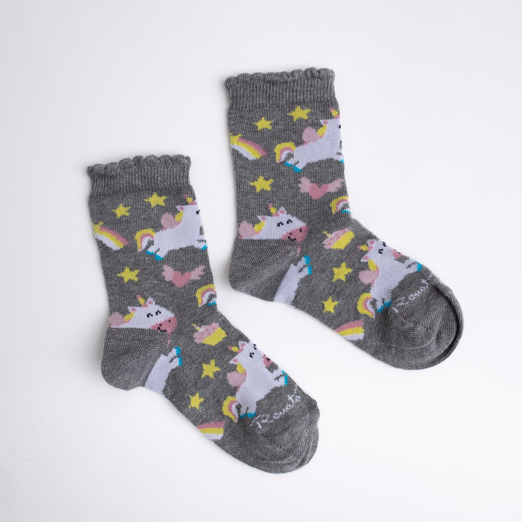 Gray socks with unicorn and rainbow designs on a white background

