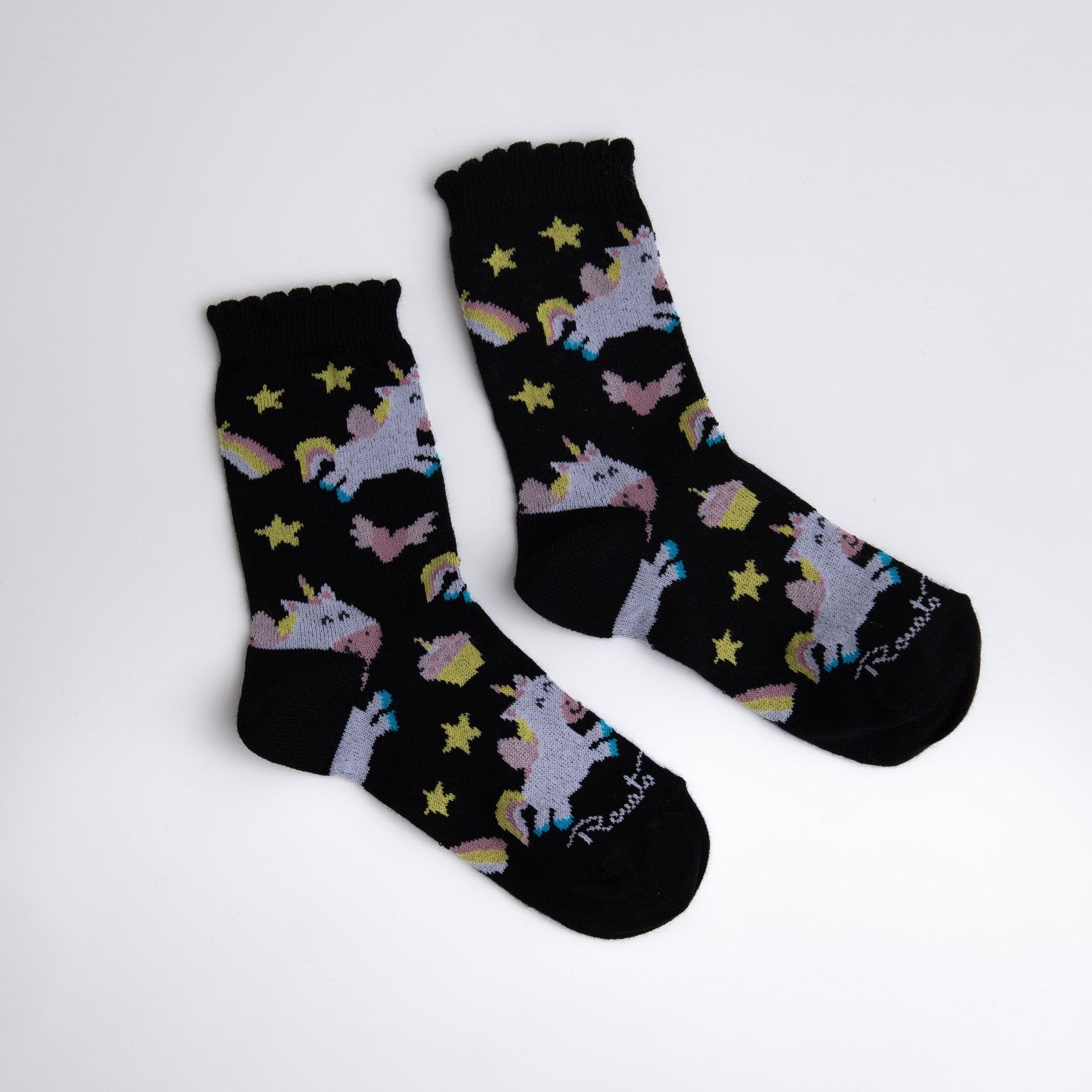 Black socks with unicorn and star pattern on a white background

