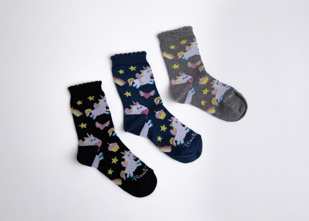Three pairs of socks with animal designs on a white background

