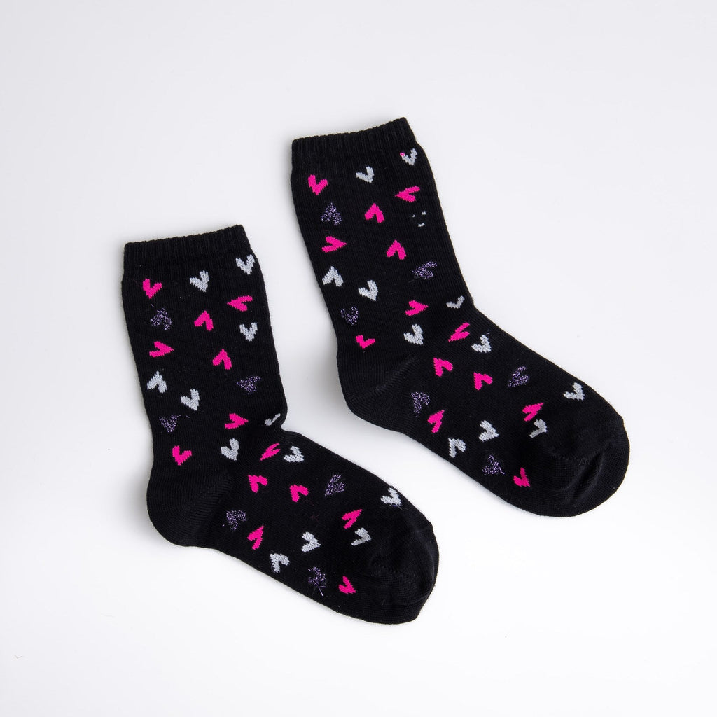 Black socks with colorful heart patterns on a white background

