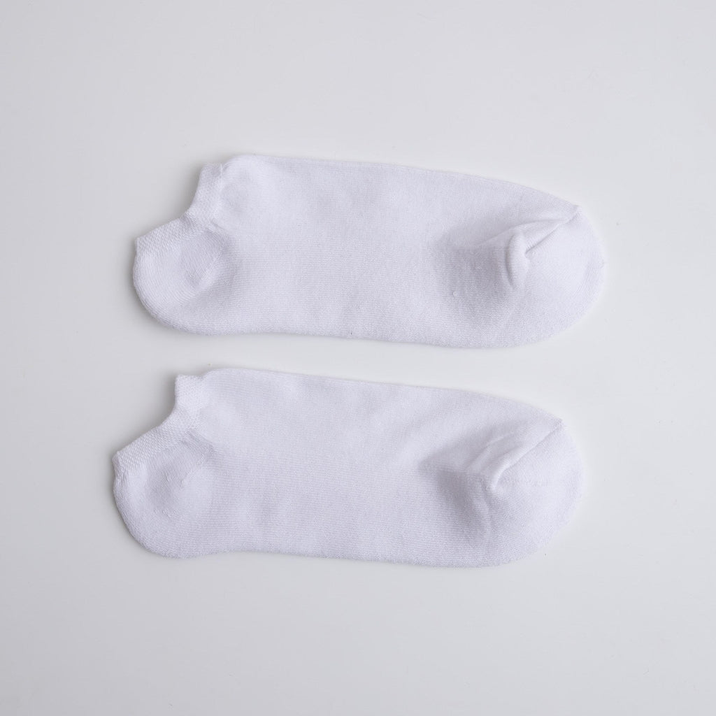 Two white ankle socks on a light gray background

