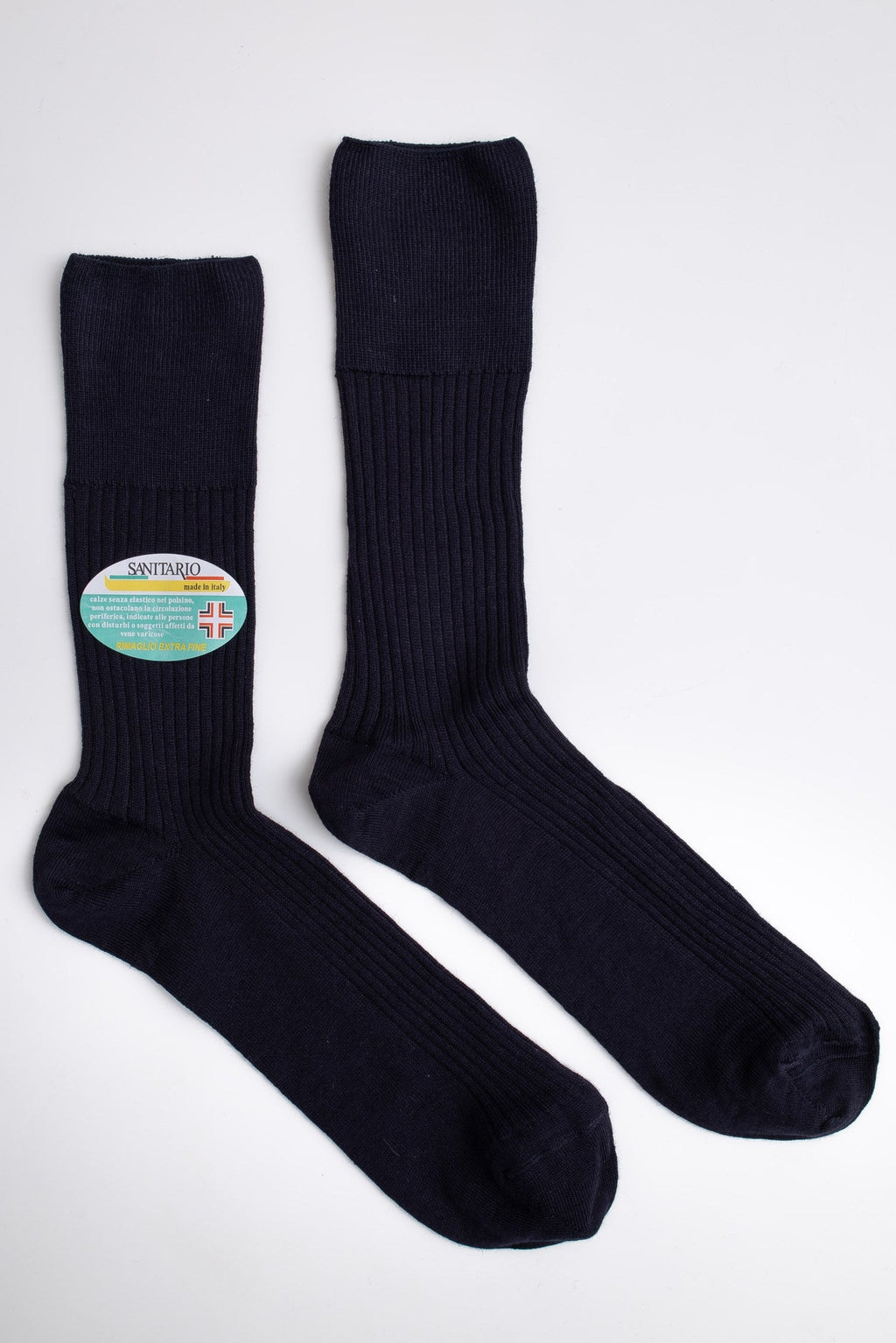 Blue socks with a colorful label on a white background

