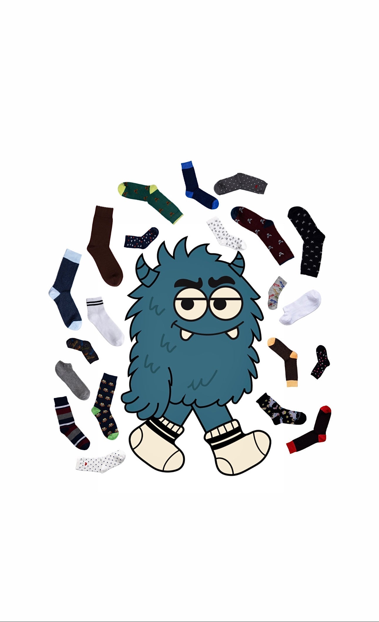 Blue cartoon monster surrounded by various socks on a white background

